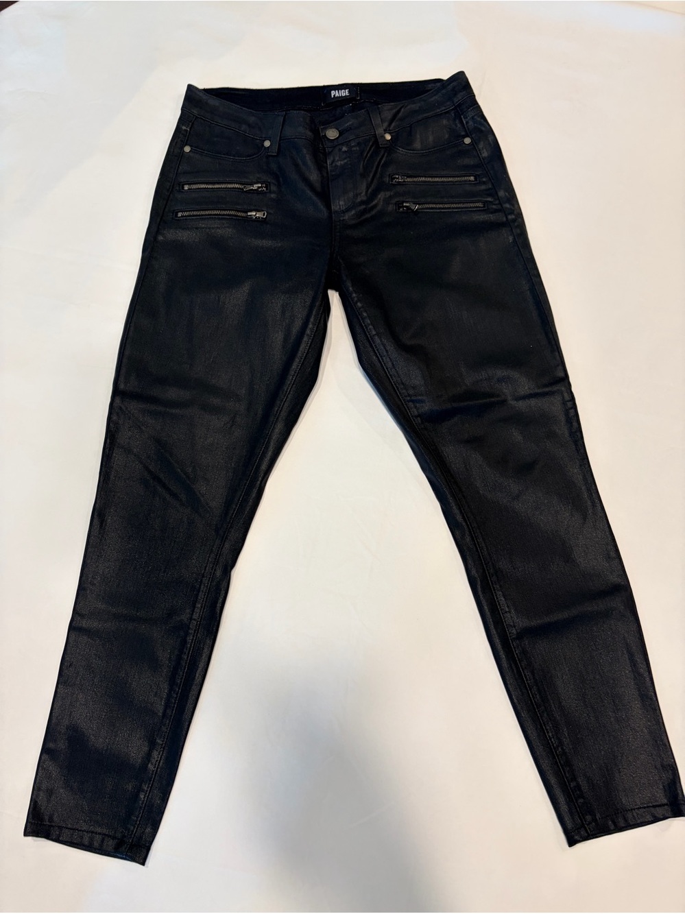 PAIGE Edgemont Ultra Skinny Coated Jeans Black Silk Moto Zip